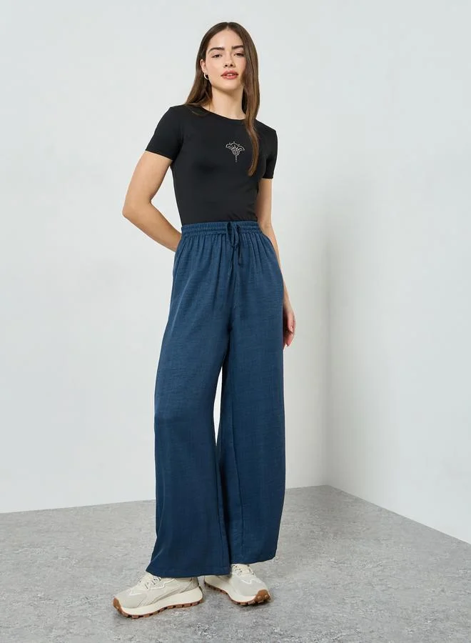 Styli  Navy Blue Wide Leg Linen Look Pants for Women | Best Price UAE